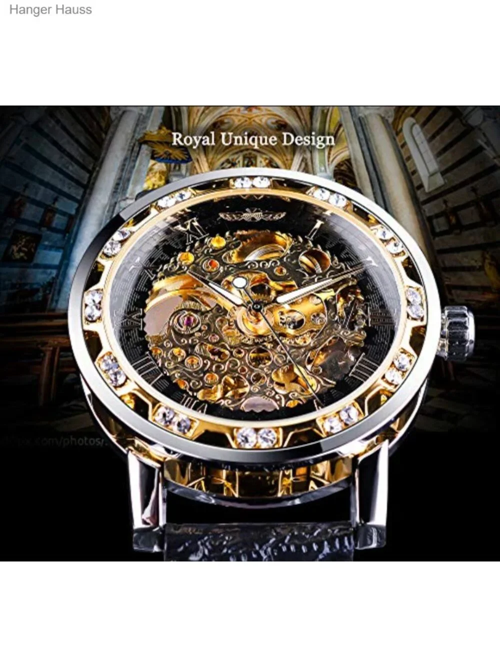 Men's Skeleton Mechanical Watch with Diamond Crystal Carving Flower Dial and